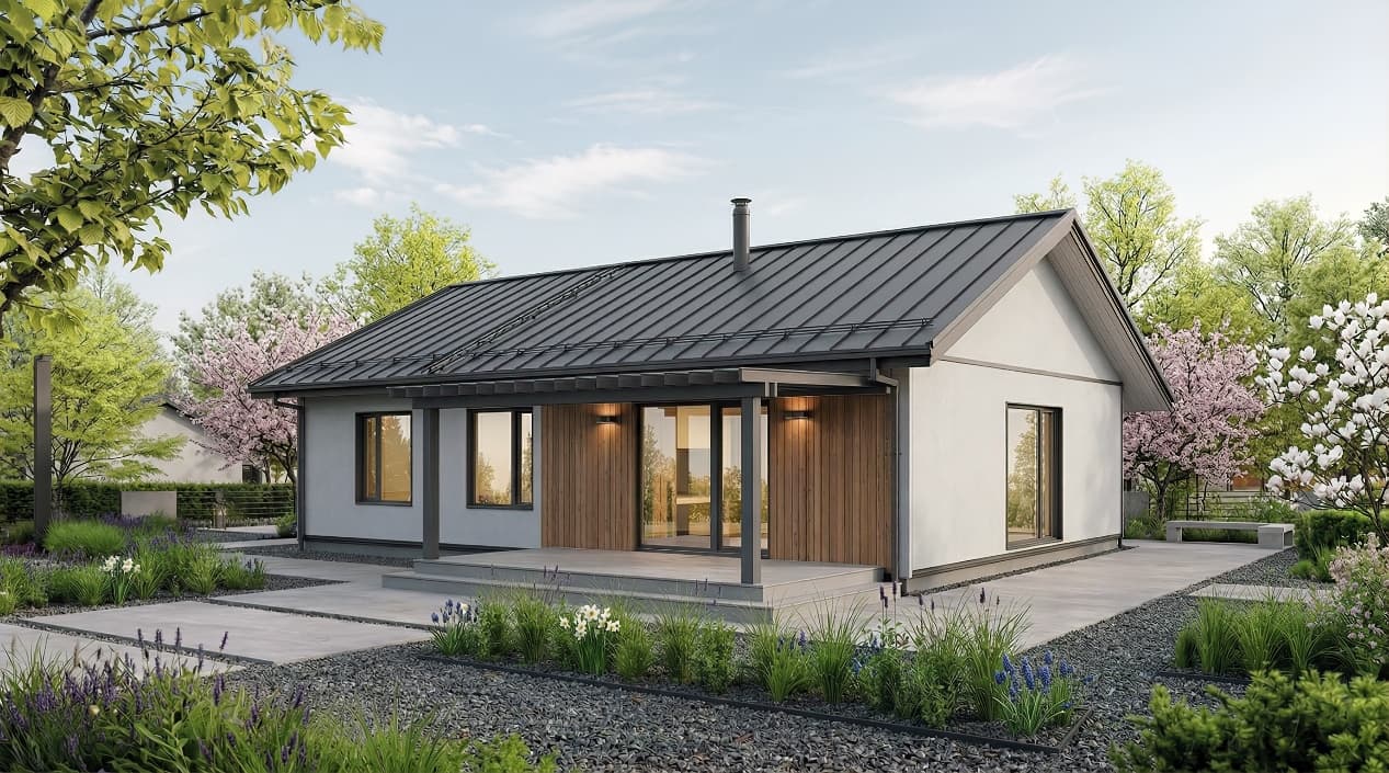 Каркасно-панельний будинок Сімейний 93 м² TimberX: фасад з двоскатним дахом