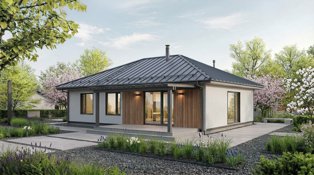 Каркасно-панельний будинок Сімейний 93 м² TimberX: фасад з вальмовим дахом