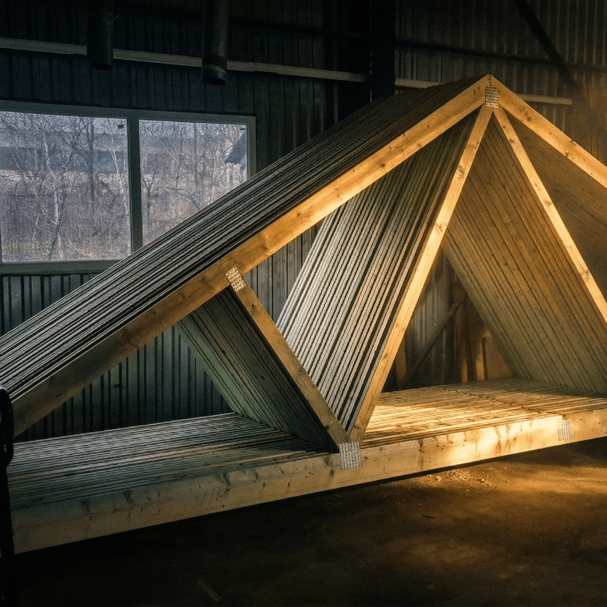 Готова дерев'яна ферма з металозубчатими пластинами у цеху TimberX